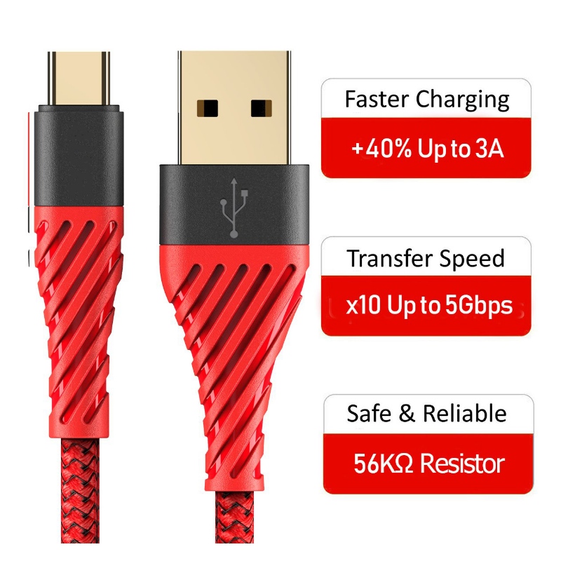 USB C Cable 3.0, USB Type C Cable Fast Charging USB to Mobile Phone Cable for Samsung Galaxy S8,S9 Plus, Note 8, LG v20,G6, G5, v30, Google Pixel 2 XL, Nexus 6-3 Pack Red